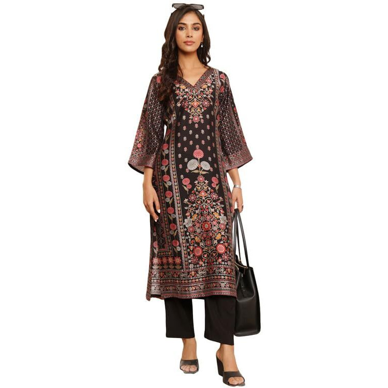 Varanga Women Black Floral Printed Kurta With Solid Trouser  Comfortable Cotton Set For Casual Outings, Versatile Design For All Occasions, Stylish And Relaxed Fit For All Body Types (Large)