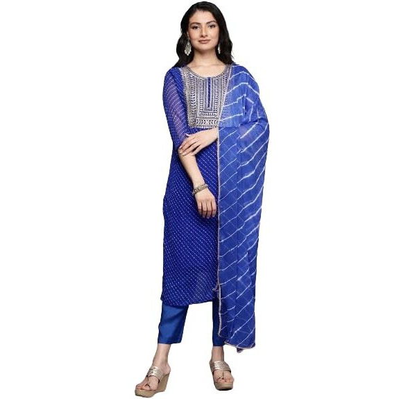 Varanga Women Navy Blue Bandhani Zari Emboridered Kurta Set With Dupatta