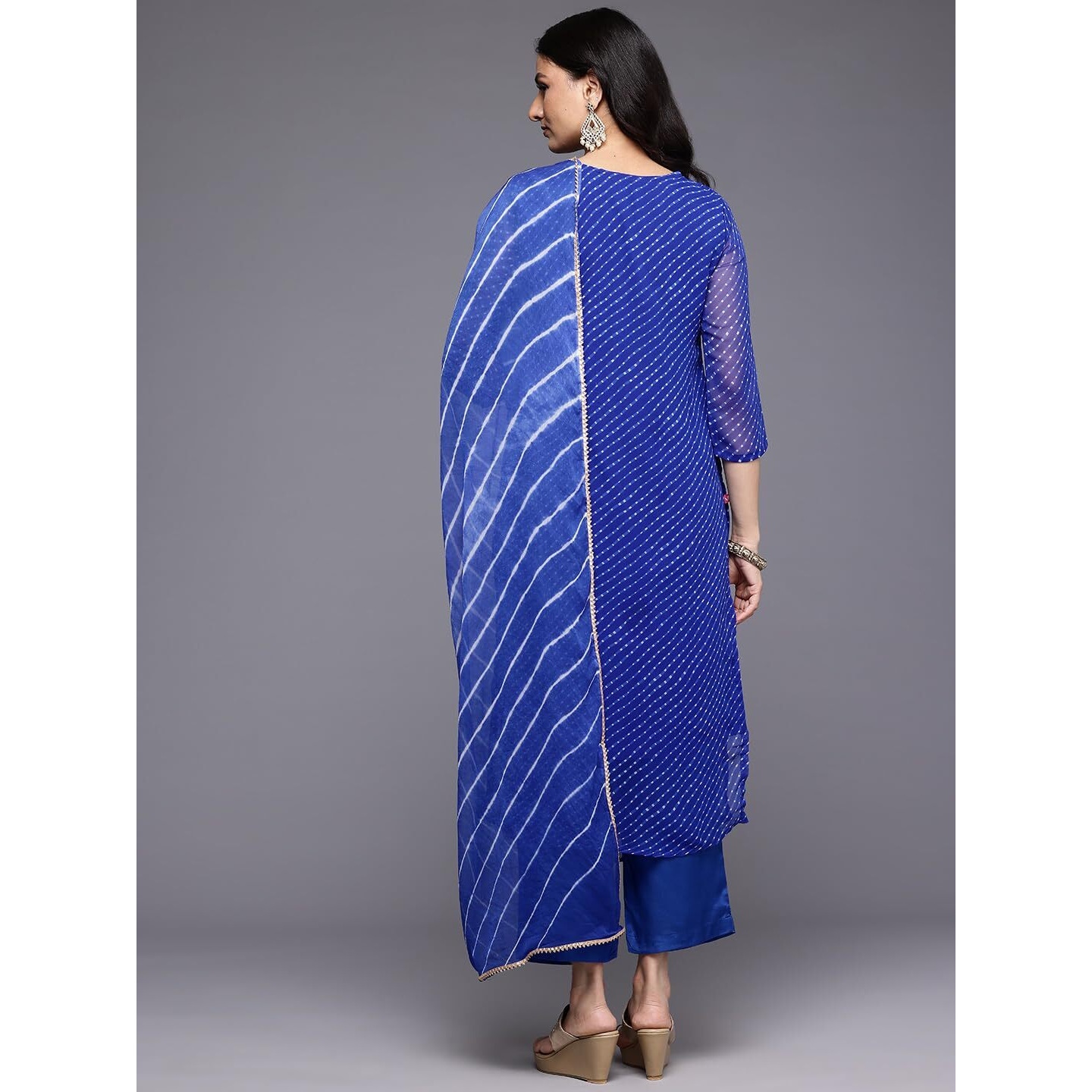 Varanga Women Navy Blue Bandhani Zari Emboridered Kurta Set With Dupatta