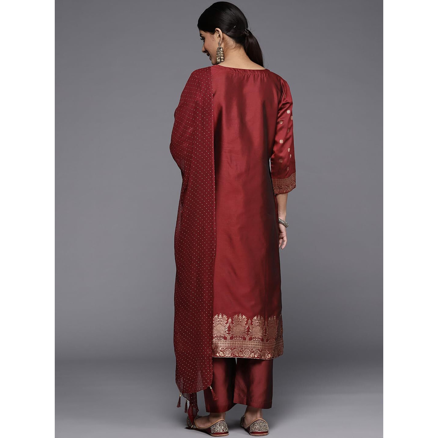 Varanga Maroon And Gold Brocade Kurta Paired With Straight Pant And Chiffon Dupatta