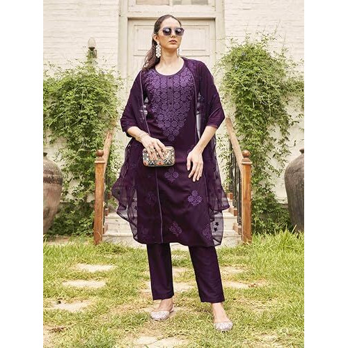 Womanista Women's Wine Silk Blend Tonal Thread Straight Cut Kurta With Pant And Dupatta (Kurtaset_1311_L)