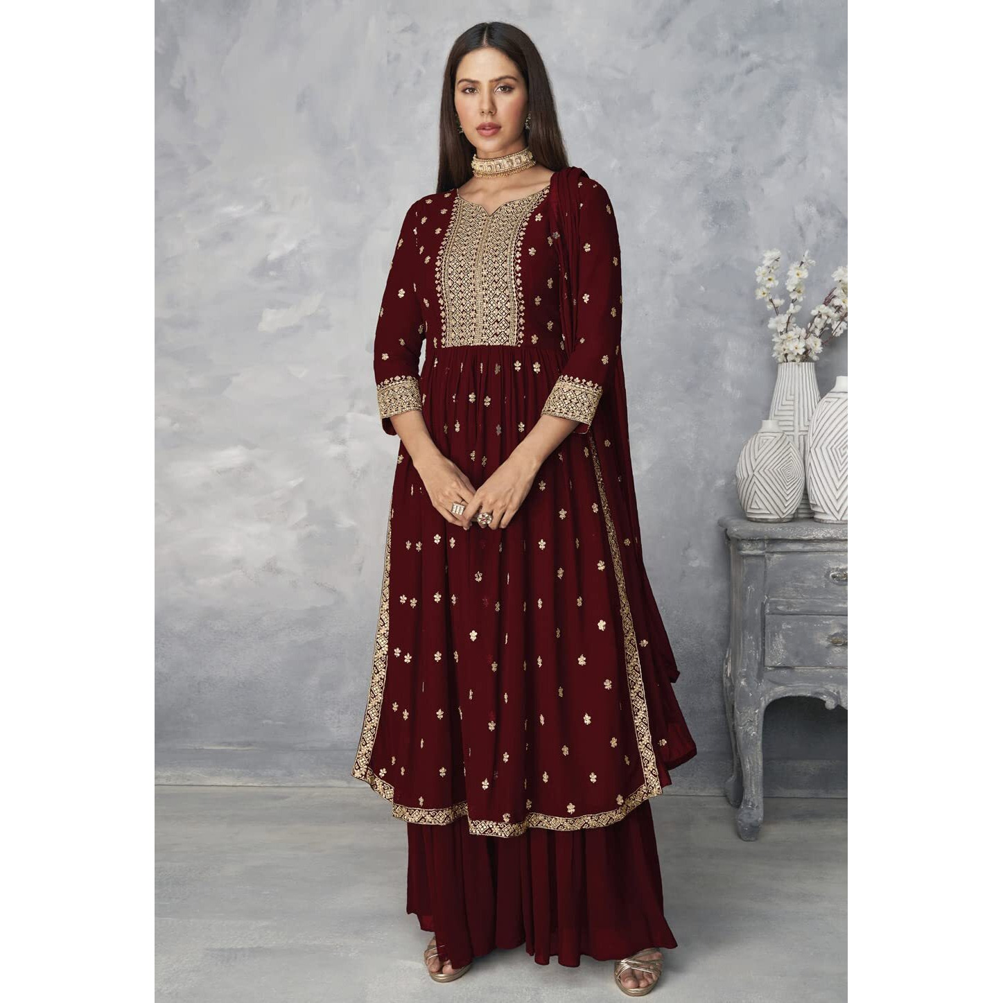 Xomantic Fashion Women's Ethnic Wear Nyra Cut Embroidery Kurti Plazzo And Dupatta (X-Large, Maroon)