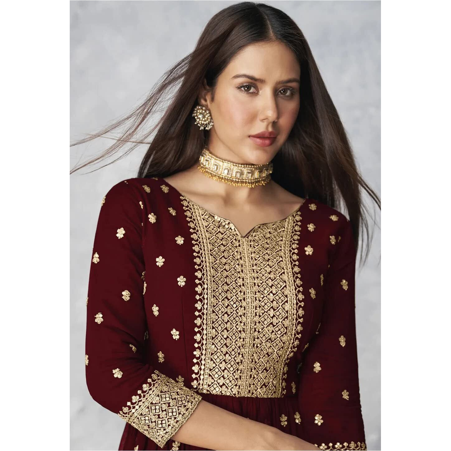 Xomantic Fashion Women's Ethnic Wear Nyra Cut Embroidery Kurti Plazzo And Dupatta (X-Large, Maroon)