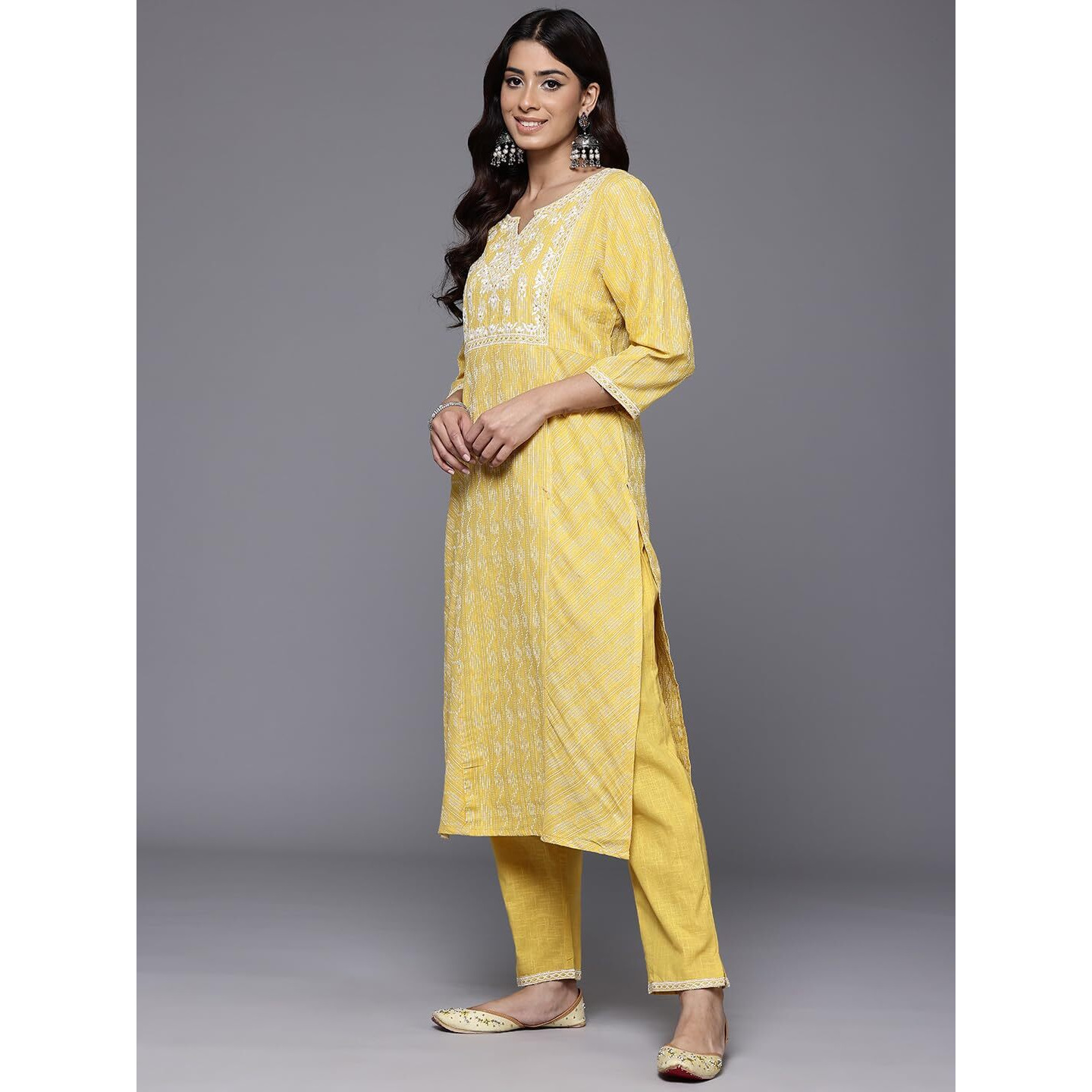 Varanga Women's Mustard Woven Design Round Neck, Three Quarter Sleeves Paired With Tonal Bottom And Dupatta.