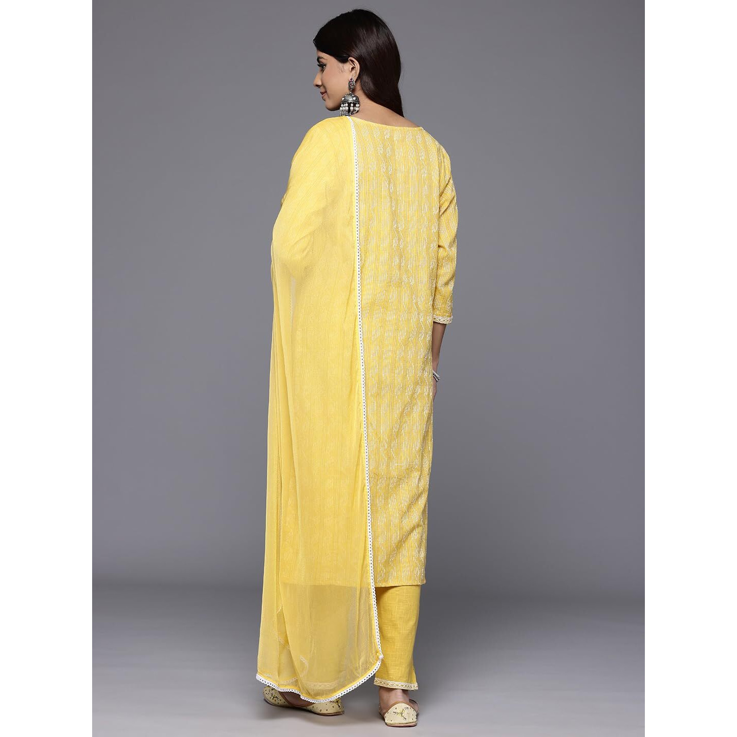 Varanga Women's Mustard Woven Design Round Neck, Three Quarter Sleeves Paired With Tonal Bottom And Dupatta.