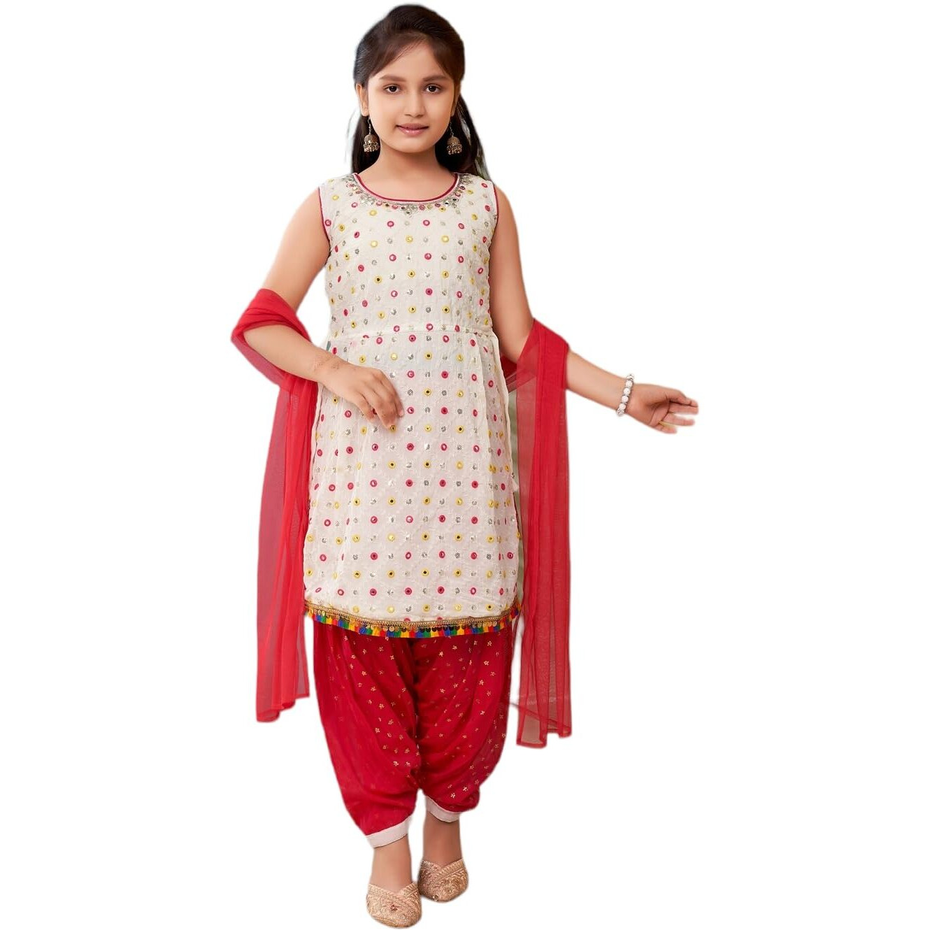 Aarika Girls Ethnic Wear White Colour Thread Mirror Embroidery With Lace Border Georgette Kurti Patiala Set (4-10 Years)