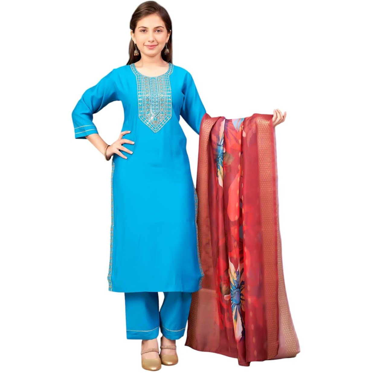 Aarika Girls Ethnic Wear Turqouise Colour Sequin Embroidery Silk Kurti Pant Set-10-15 Years (Kp-Sd-5993)