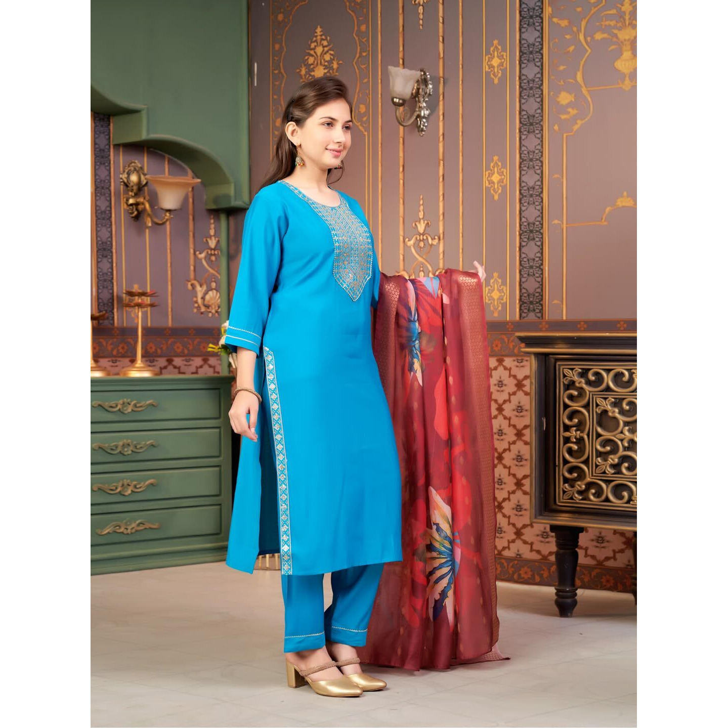 Aarika Girls Ethnic Wear Turqouise Colour Sequin Embroidery Silk Kurti Pant Set-10-15 Years (Kp-Sd-5993)