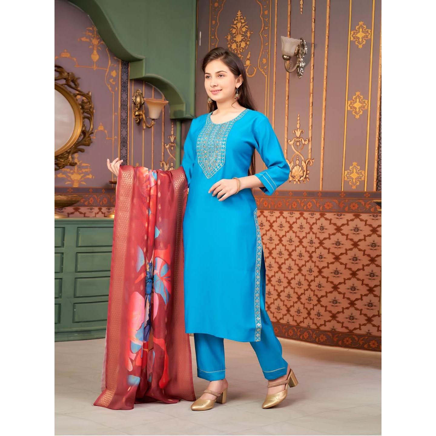 Aarika Girls Ethnic Wear Turqouise Colour Sequin Embroidery Silk Kurti Pant Set-10-15 Years (Kp-Sd-5993)