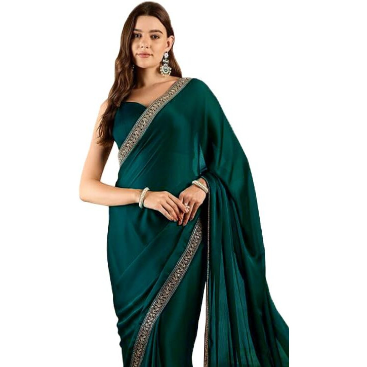 Cb-Colebrook Women's Soft Satin Saree With Embroidered Sequin Border With Blouse Piece, Traditional Indian Ethnic Wear, Party, Wedding Sarees For Womens (Rama)