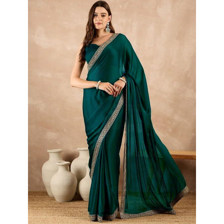 Cb-Colebrook Women's Soft Satin Saree With Embroidered Sequin Border With Blouse Piece, Traditional Indian Ethnic Wear, Party, Wedding Sarees For Womens (Rama)