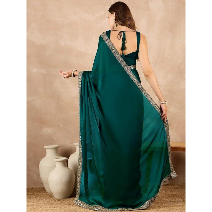 Cb-Colebrook Women's Soft Satin Saree With Embroidered Sequin Border With Blouse Piece, Traditional Indian Ethnic Wear, Party, Wedding Sarees For Womens (Rama)