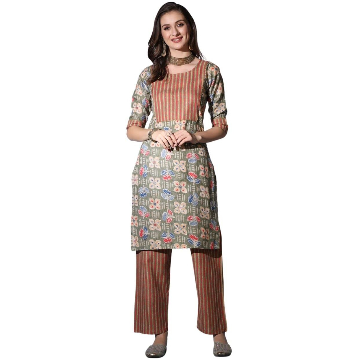 Dhruvi Trendz Women Cotton Blend Fancy Kurta Set Regular Fit Printed (Dt-K2704&P126_Mahendi_Xl)
