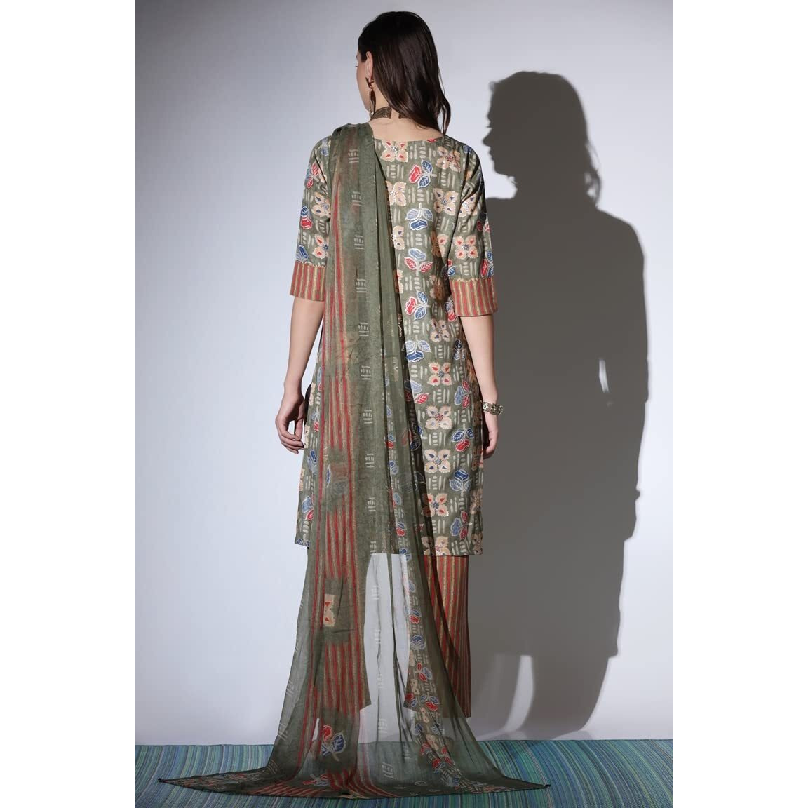 Dhruvi Trendz Women Cotton Blend Fancy Kurta Set Regular Fit Printed (Dt-K2704&P126_Mahendi_Xl)