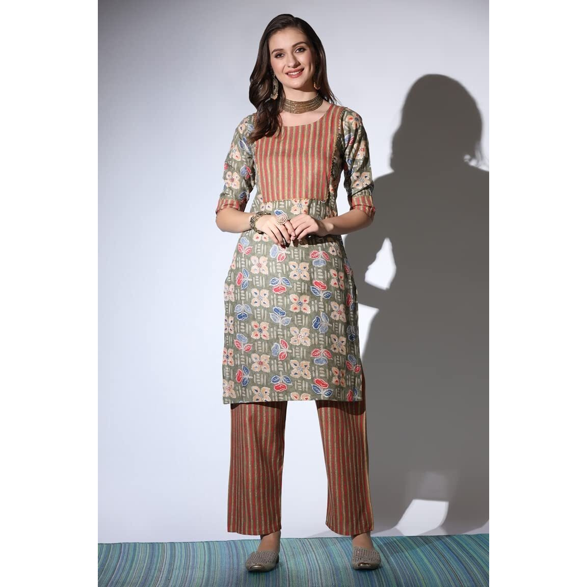 Dhruvi Trendz Women Cotton Blend Fancy Kurta Set Regular Fit Printed (Dt-K2704&P126_Mahendi_Xl)