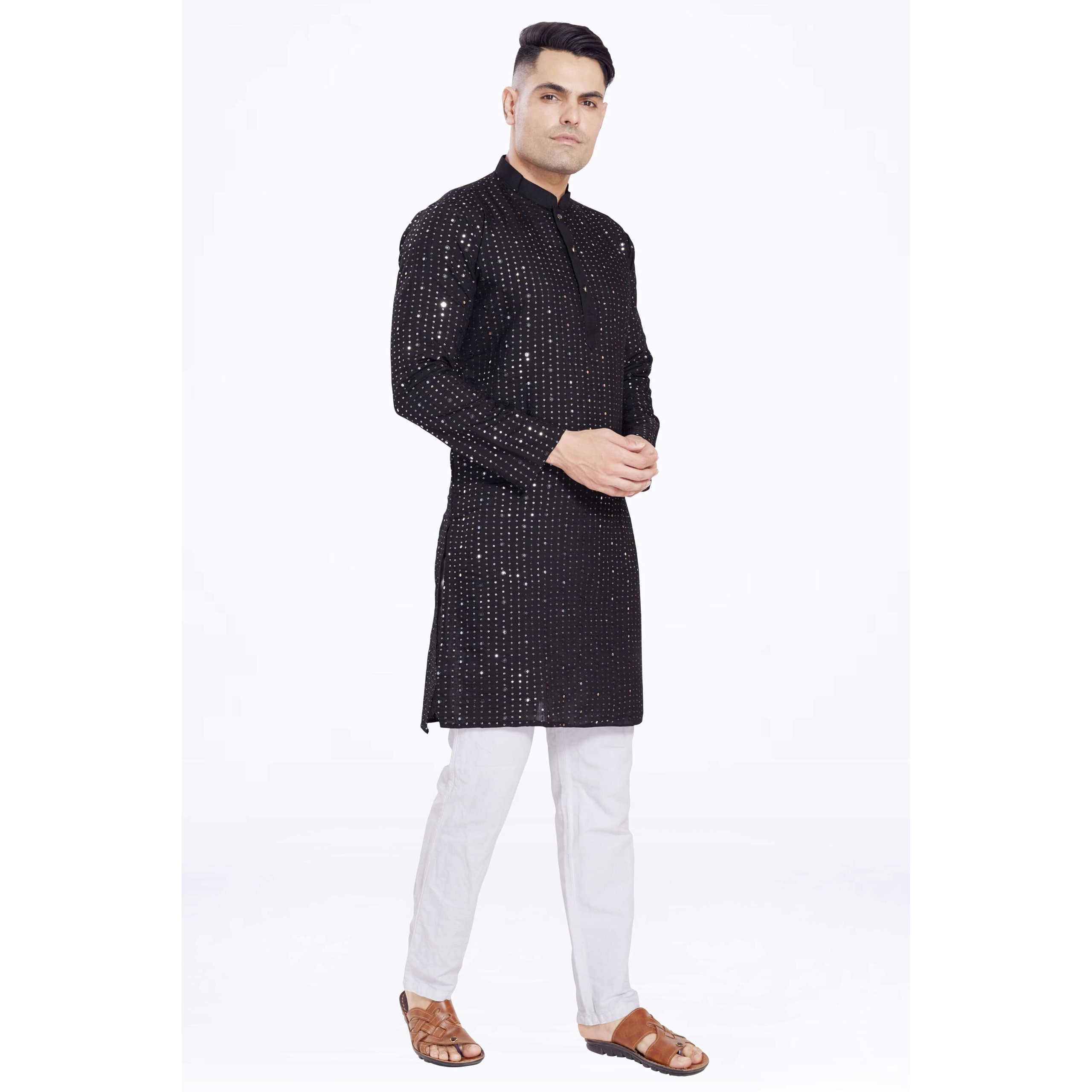 Divisive Men's Sequince Mirror Embroidered Cotton Silk Blend Only Slim Fit Kurta (Dkrt179_S_Black)