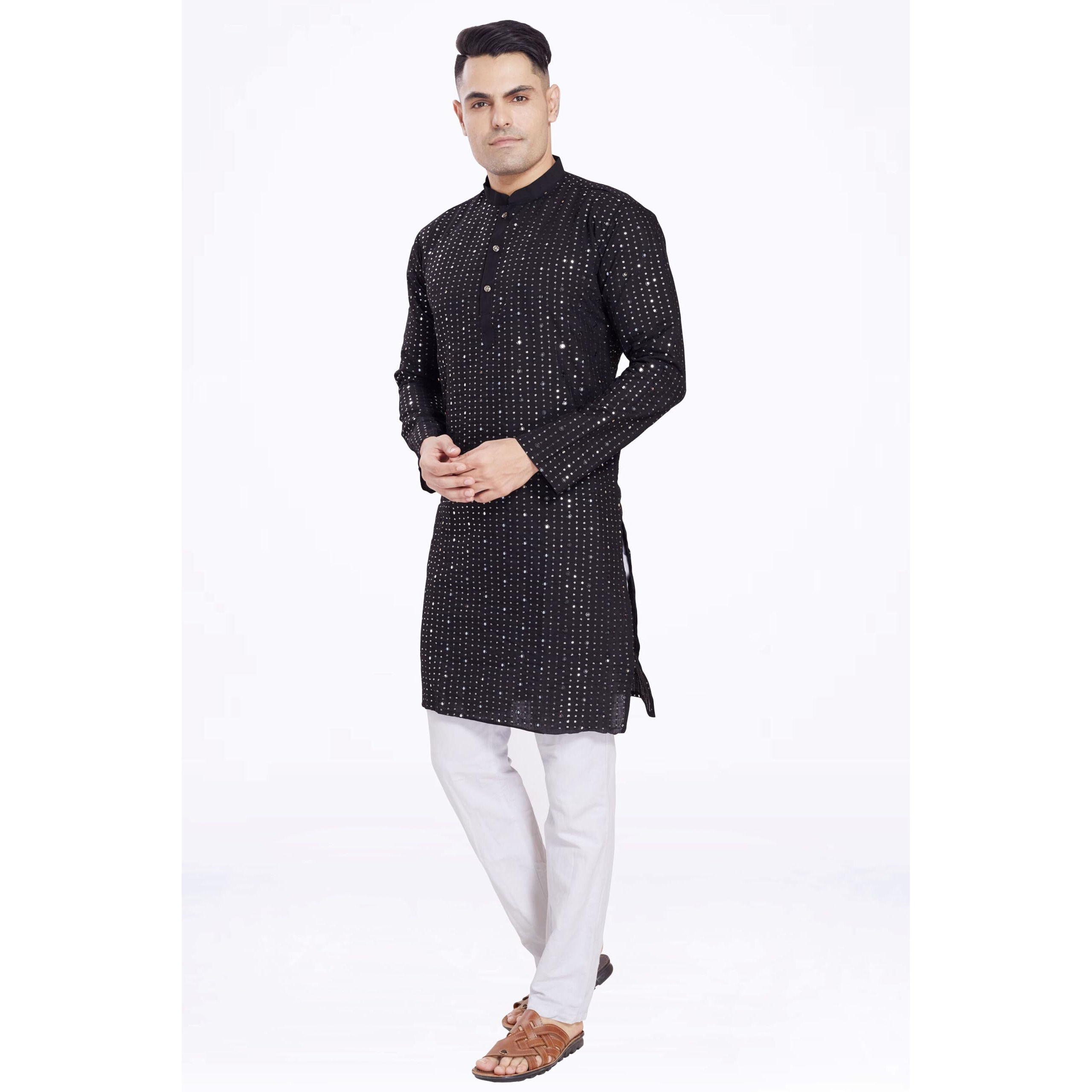Divisive Men's Sequince Mirror Embroidered Cotton Silk Blend Only Slim Fit Kurta (Dkrt179_S_Black)