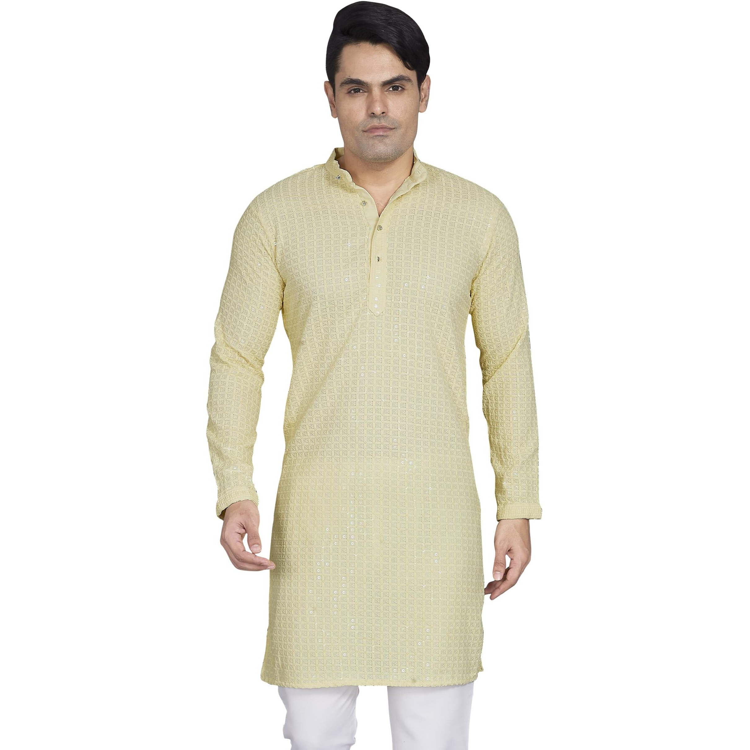 Divisive Men's Sequince Embroidered Cotton Blend Only Slim Fit Kurta (Dkrt747_M_Cream)