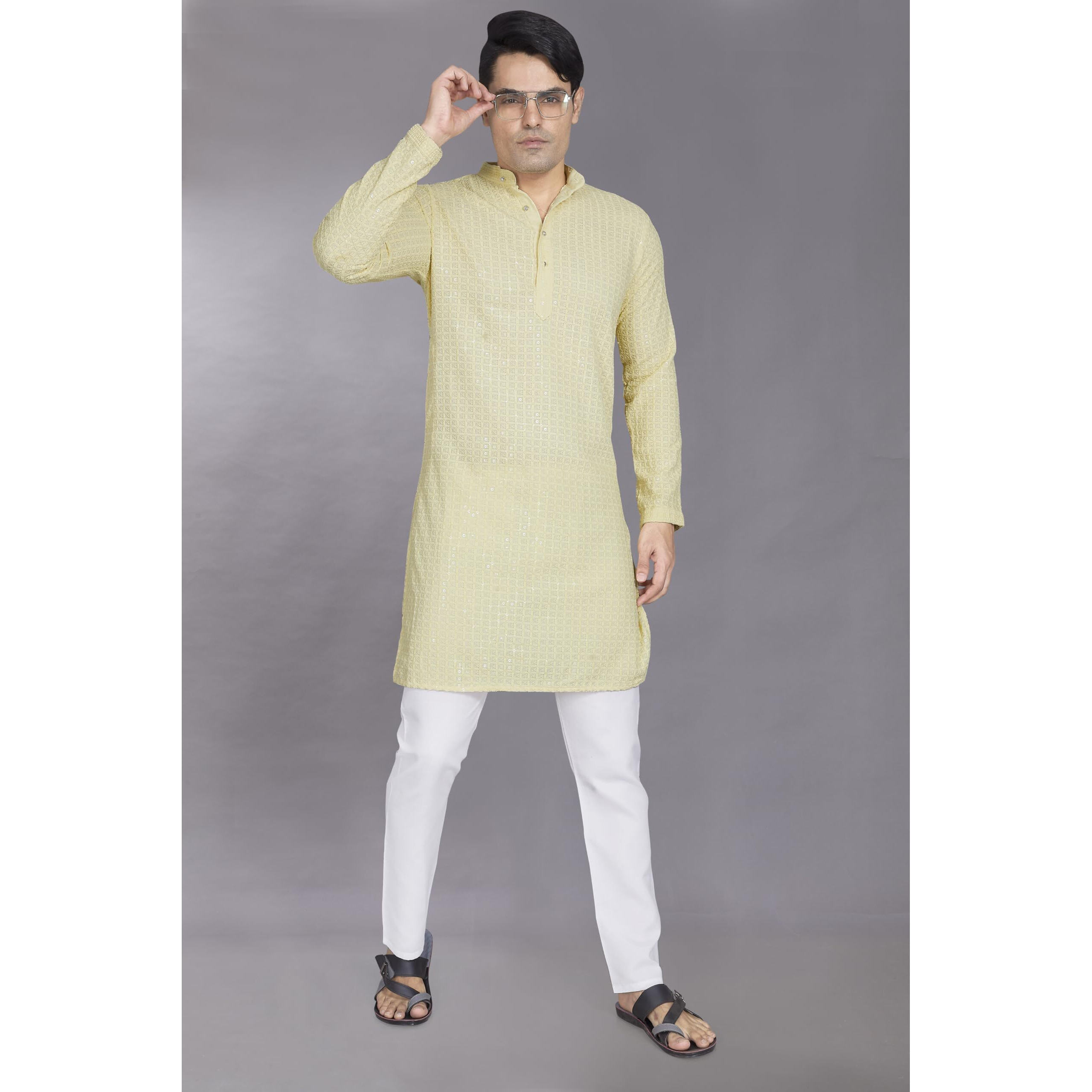 Divisive Men's Sequince Embroidered Cotton Blend Only Slim Fit Kurta (Dkrt747_M_Cream)