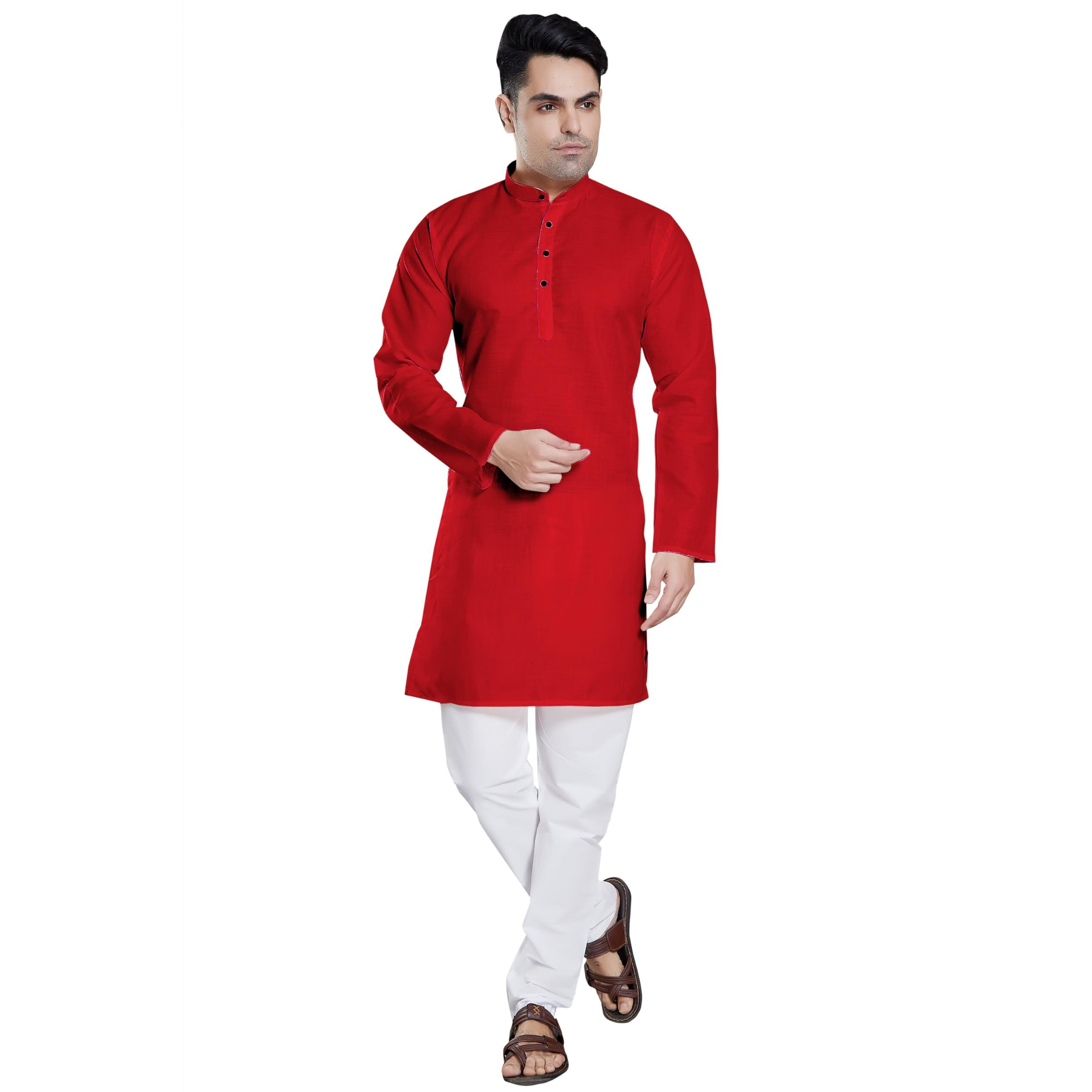 Divisive Men's Plain Cotton Blend Linen Slim Fit Kurta Pyjama Set (Dkrt56_Xxl_Red)