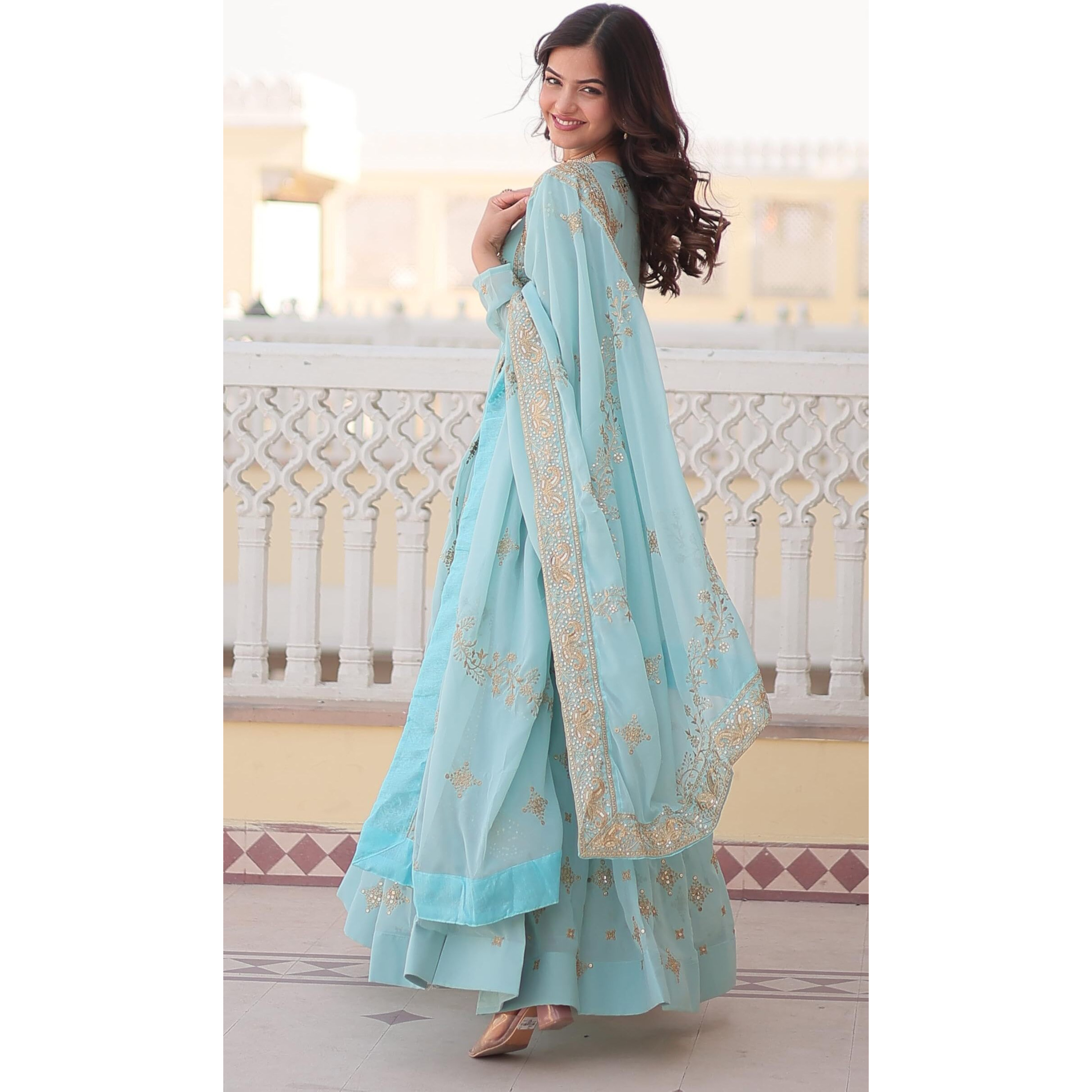 Fashion Basket Havy Georgette Embroidered Anarkali Dress For Women Sky Blue