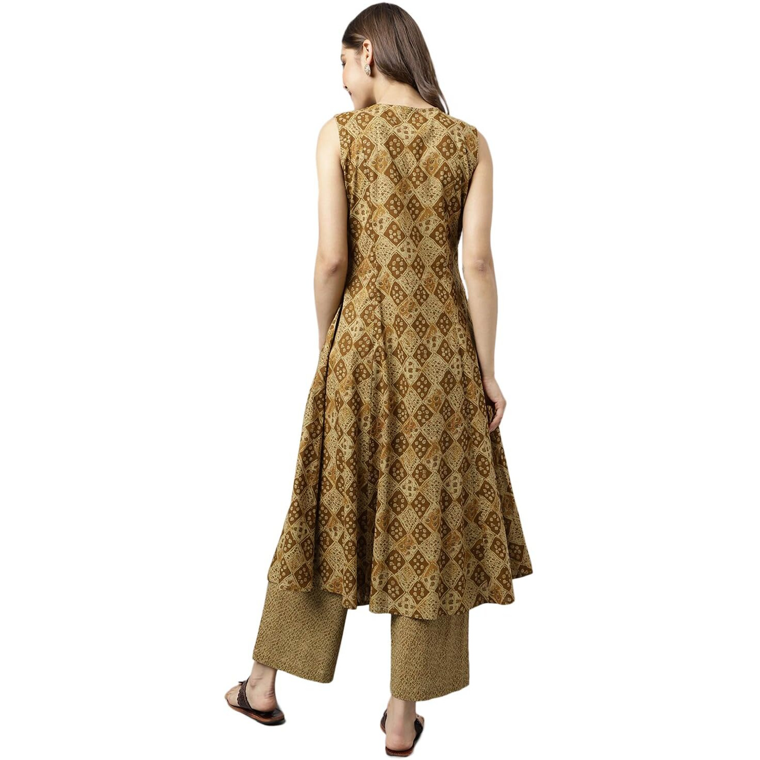 Fiorra Women's Brown Cotton A-Line Kurta With Palazzo Set0096