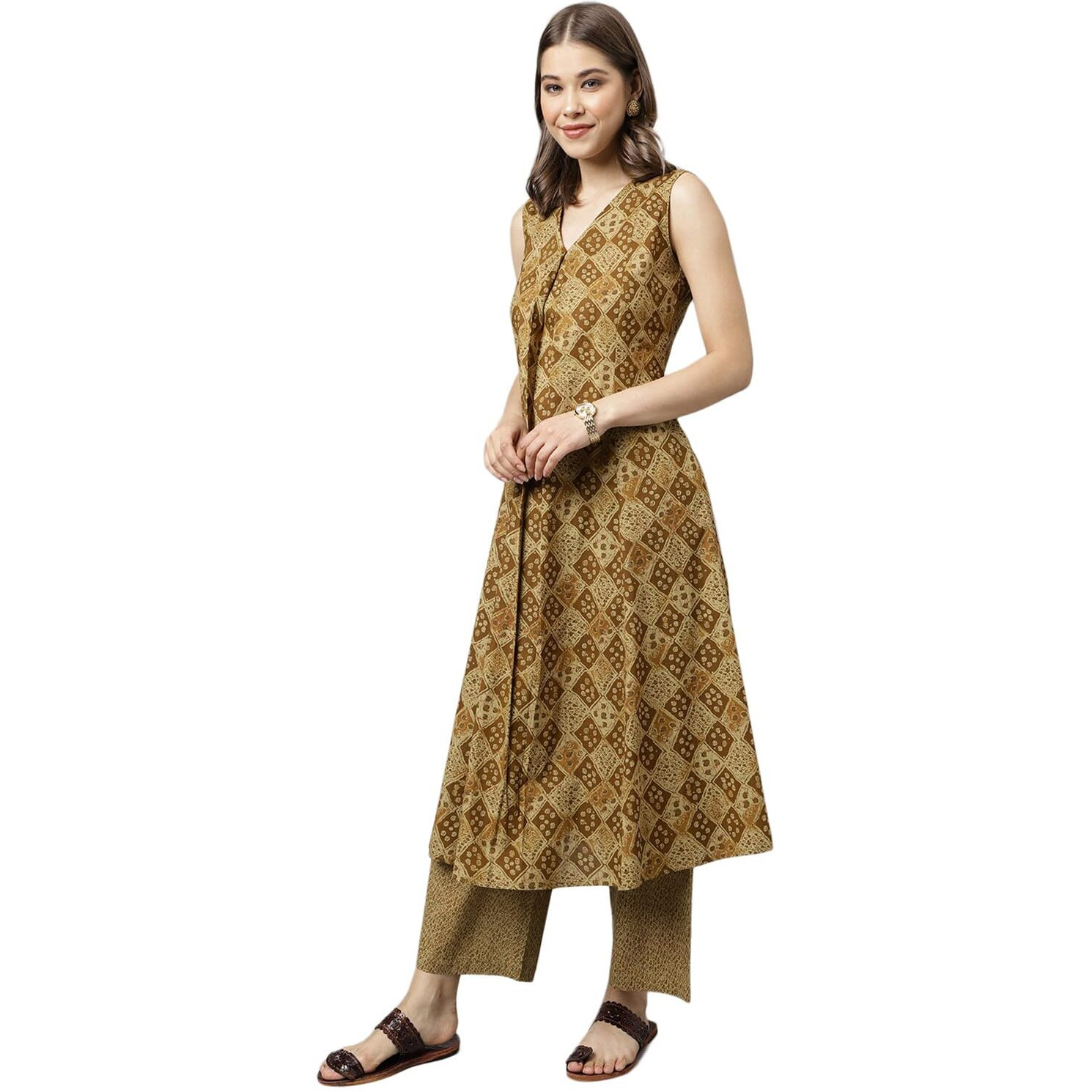 Fiorra Women's Brown Cotton A-Line Kurta With Palazzo Set0096
