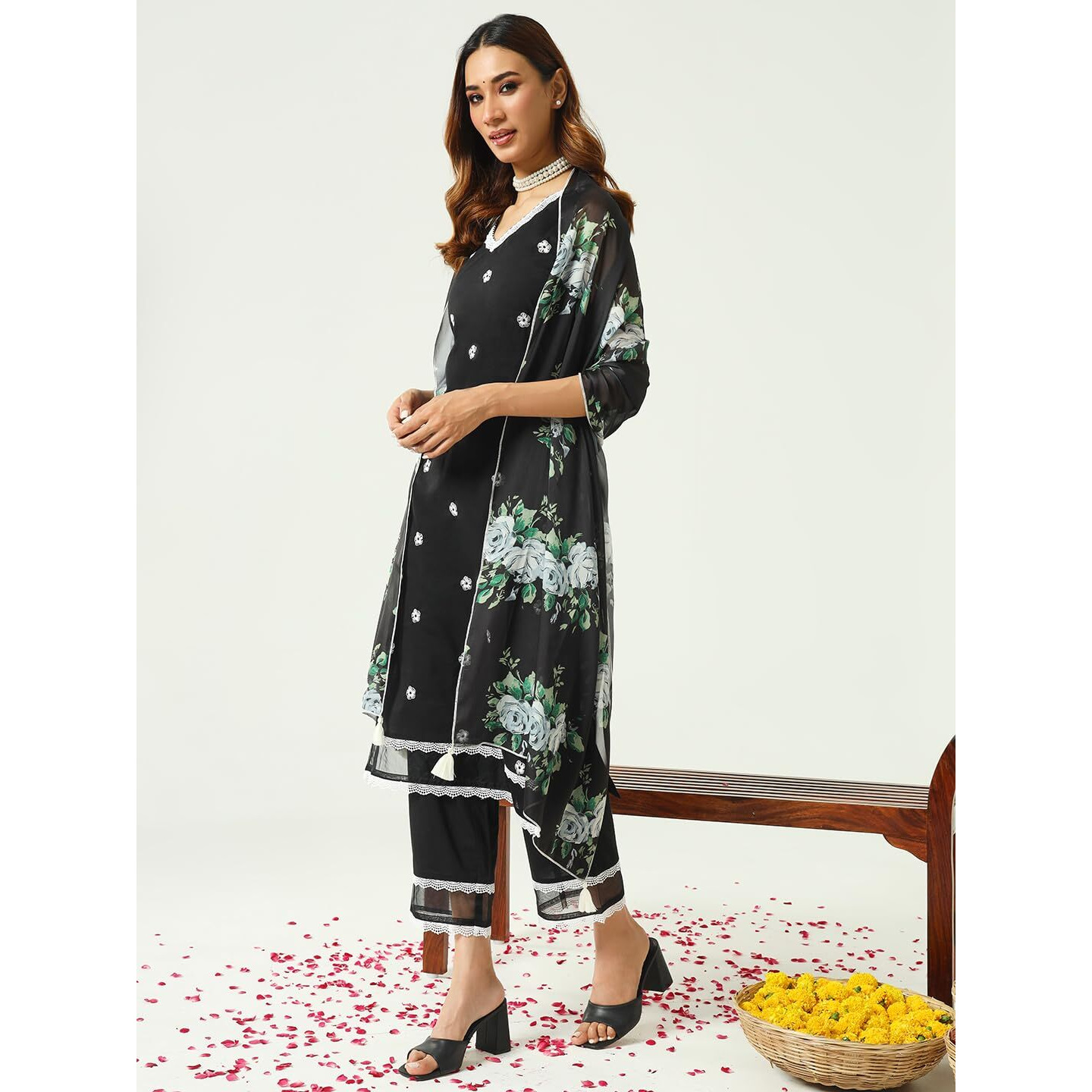 Fiorra Women's Black Cotton Straight Kurta And Pant With Dupatta Set0153