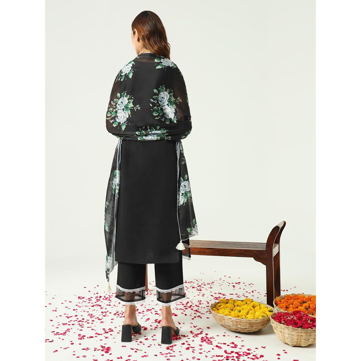 Fiorra Women's Black Cotton Straight Kurta And Pant With Dupatta Set0153