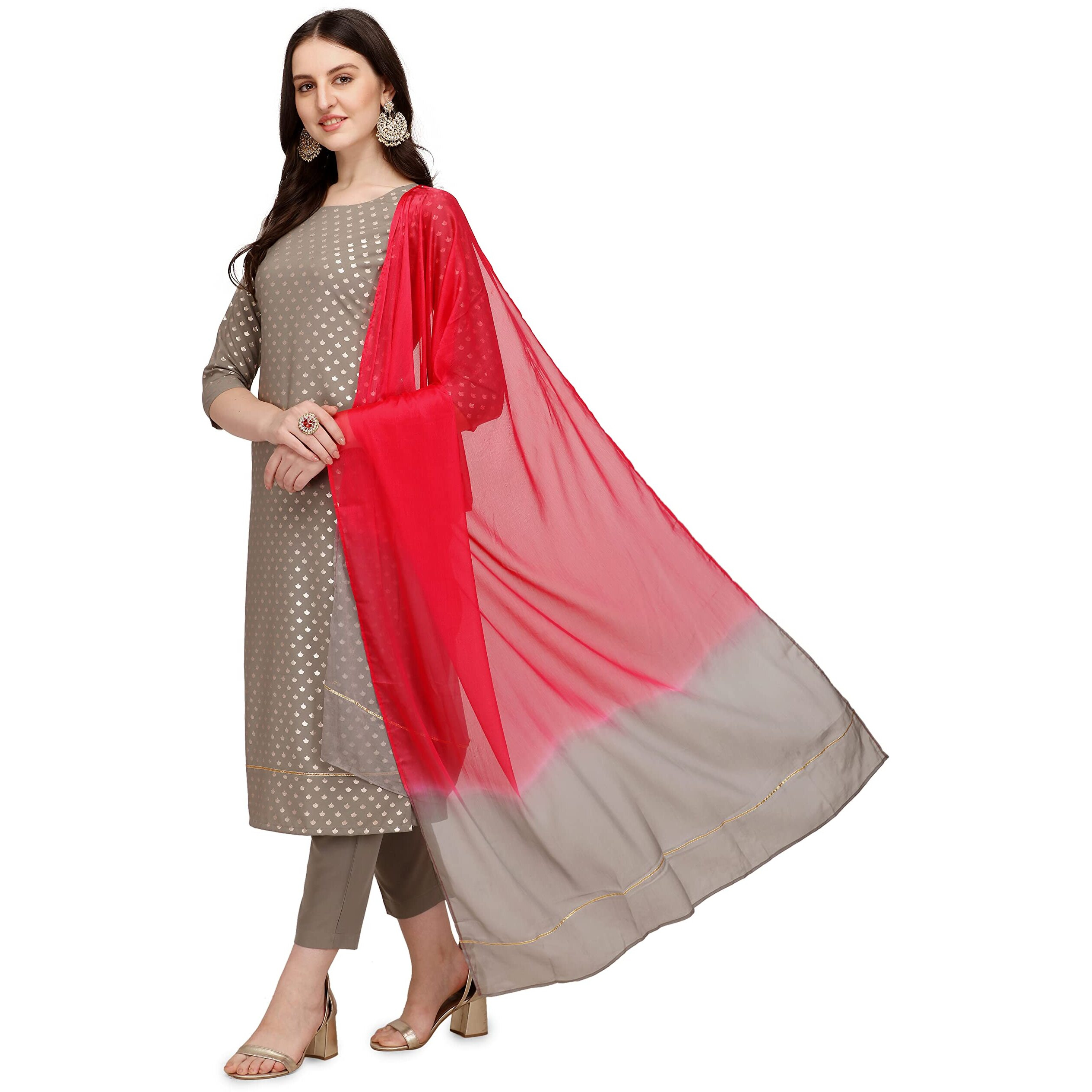 Fiorra Women's Grey Poly Crepe Straight Kurta With Pant And Dupatta Set0034-Xl