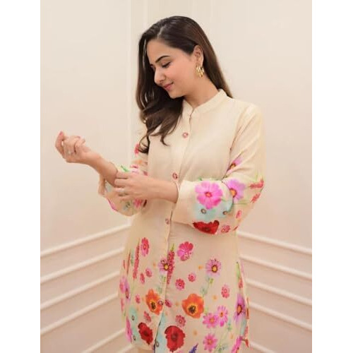Greciilooks Rayon Floral Regular Fit Stylish Kurta Ethnic For 3/4 Sleeve Women Co-Ord Set (Gl-W1817_Cream_M)