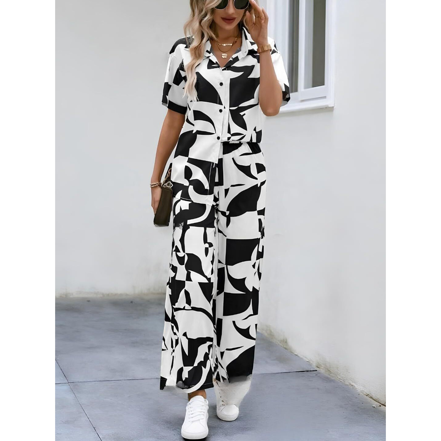Gufrina Women's Geometric Print Co-Ords Set - Short Sleeve Open Collar Shirt And Wide-Leg Pants Ensemble (White Xl)