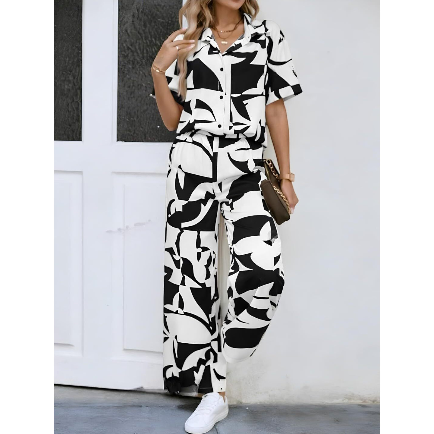 Gufrina Women's Geometric Print Co-Ords Set - Short Sleeve Open Collar Shirt And Wide-Leg Pants Ensemble (White Xl)