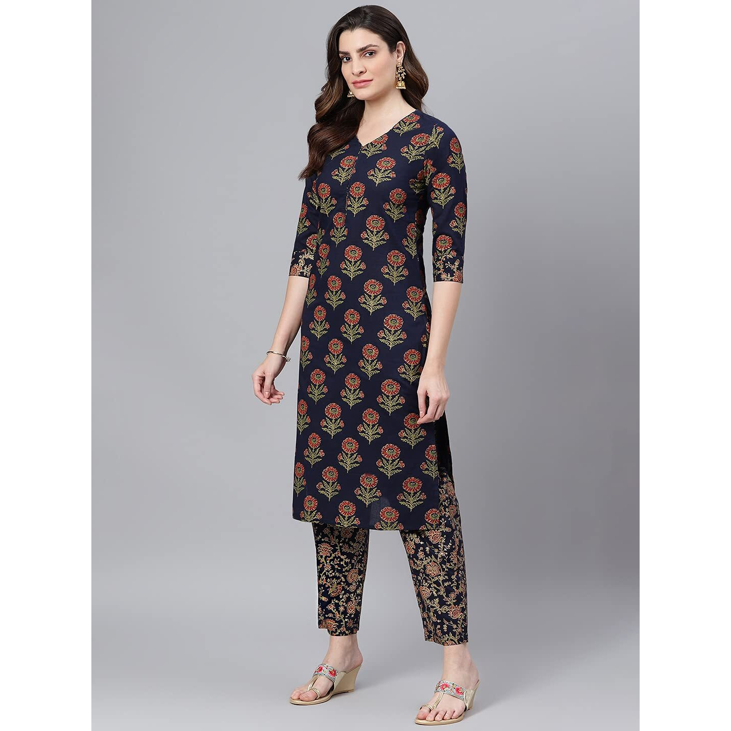 Idalia Women's Navy Blue Gold Printed Cotton Kurta Set With Pant And Dupatta