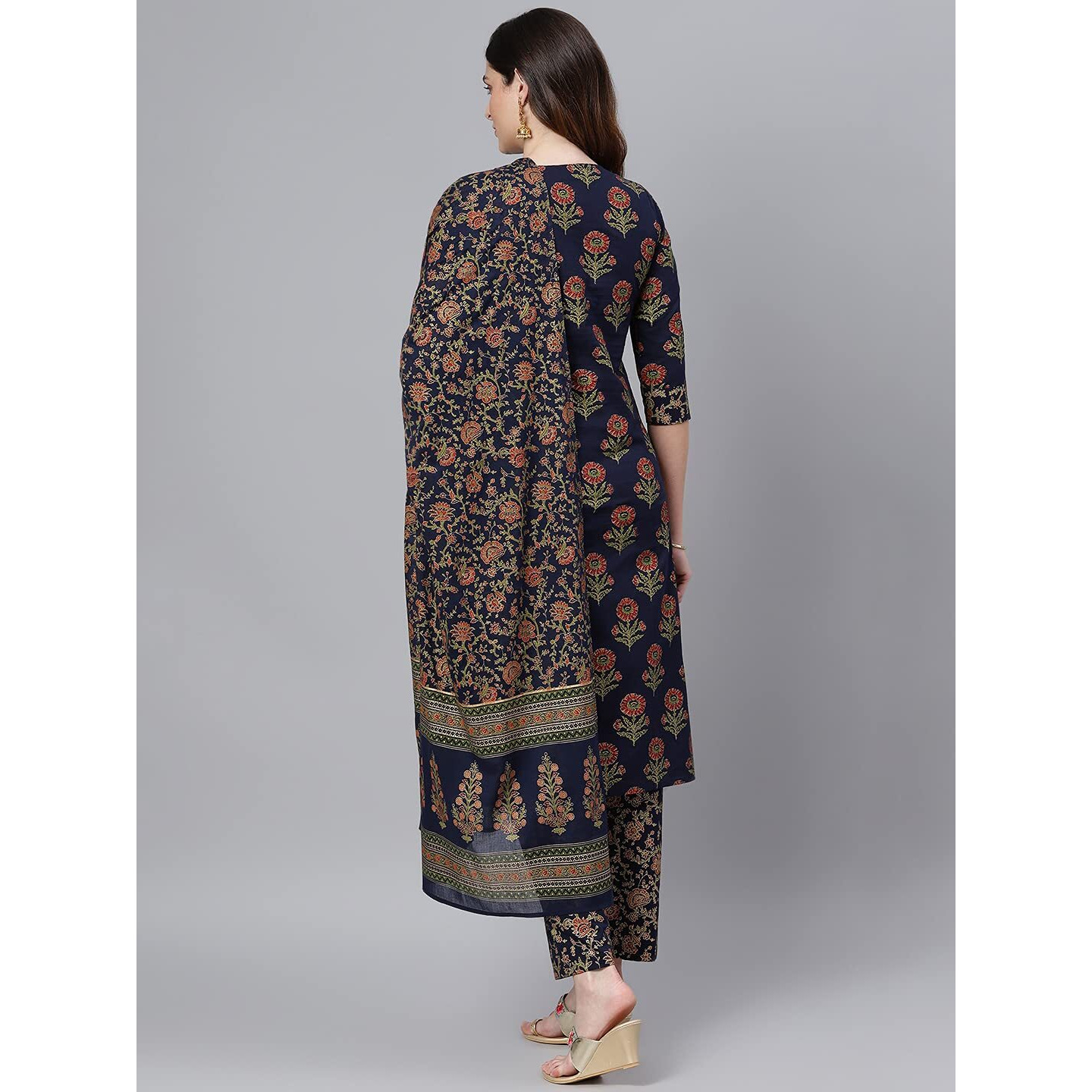 Idalia Women's Navy Blue Gold Printed Cotton Kurta Set With Pant And Dupatta