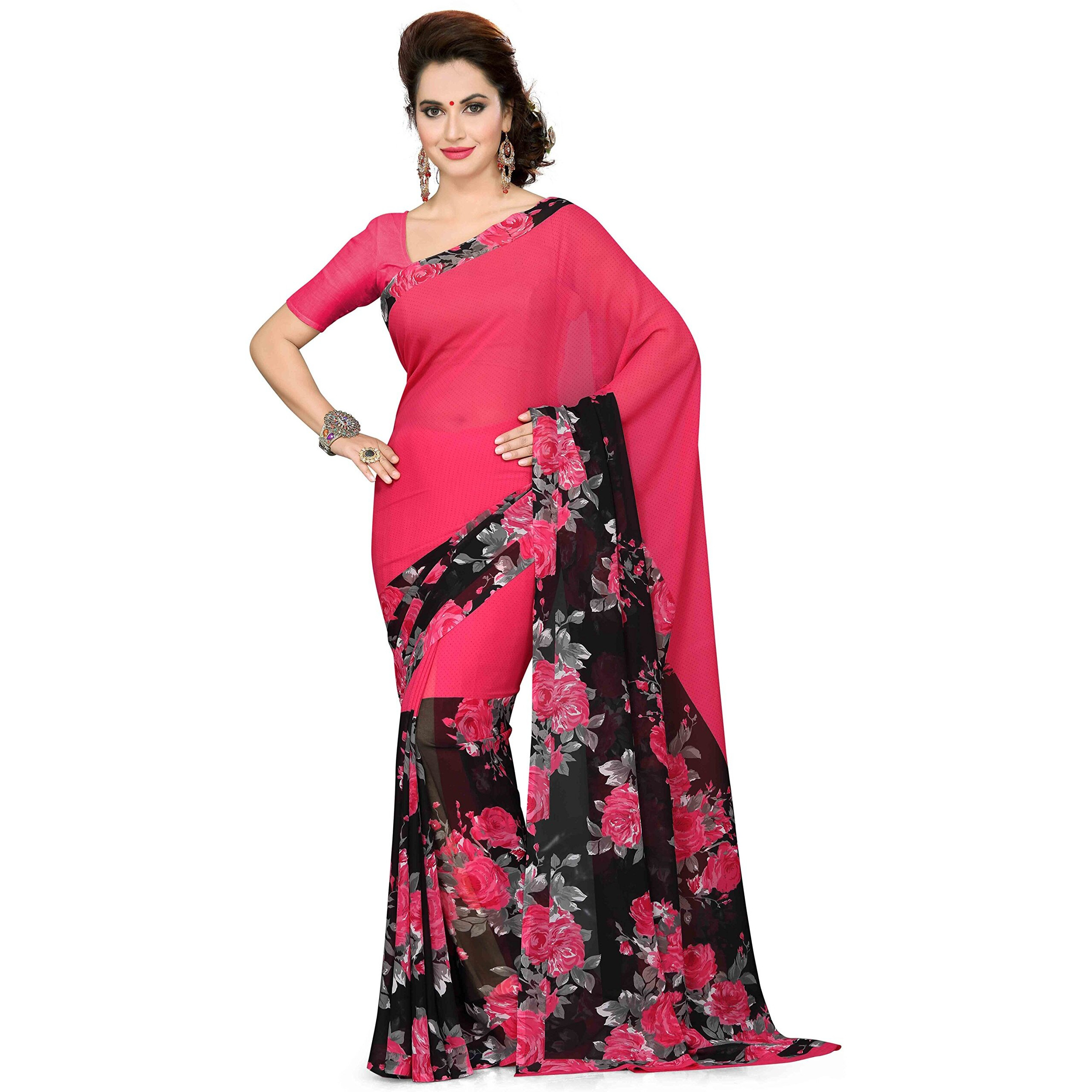 Ishin Georgette Ready To Wear Saree (Ishinsb-Ss-11121_Pink & Black_One Size)