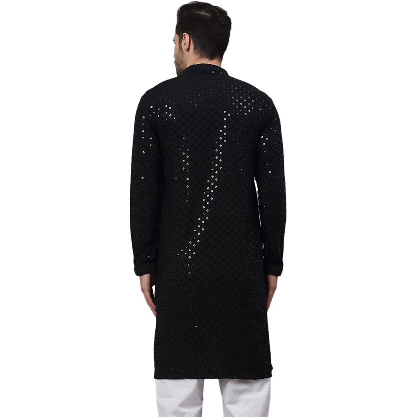 Jompers Men's Black Chikankari Embroidered And Sequence Kurtas. (Black, M)