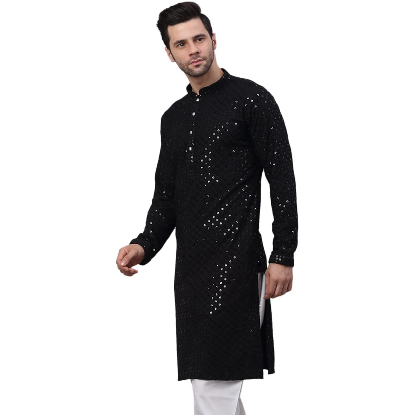 Jompers Men's Black Chikankari Embroidered And Sequence Kurtas. (Black, M)