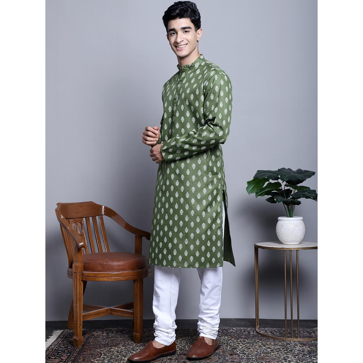 Jompers Men's Cotton Floral Printed Kurta Pyjama Set (Olive, S)