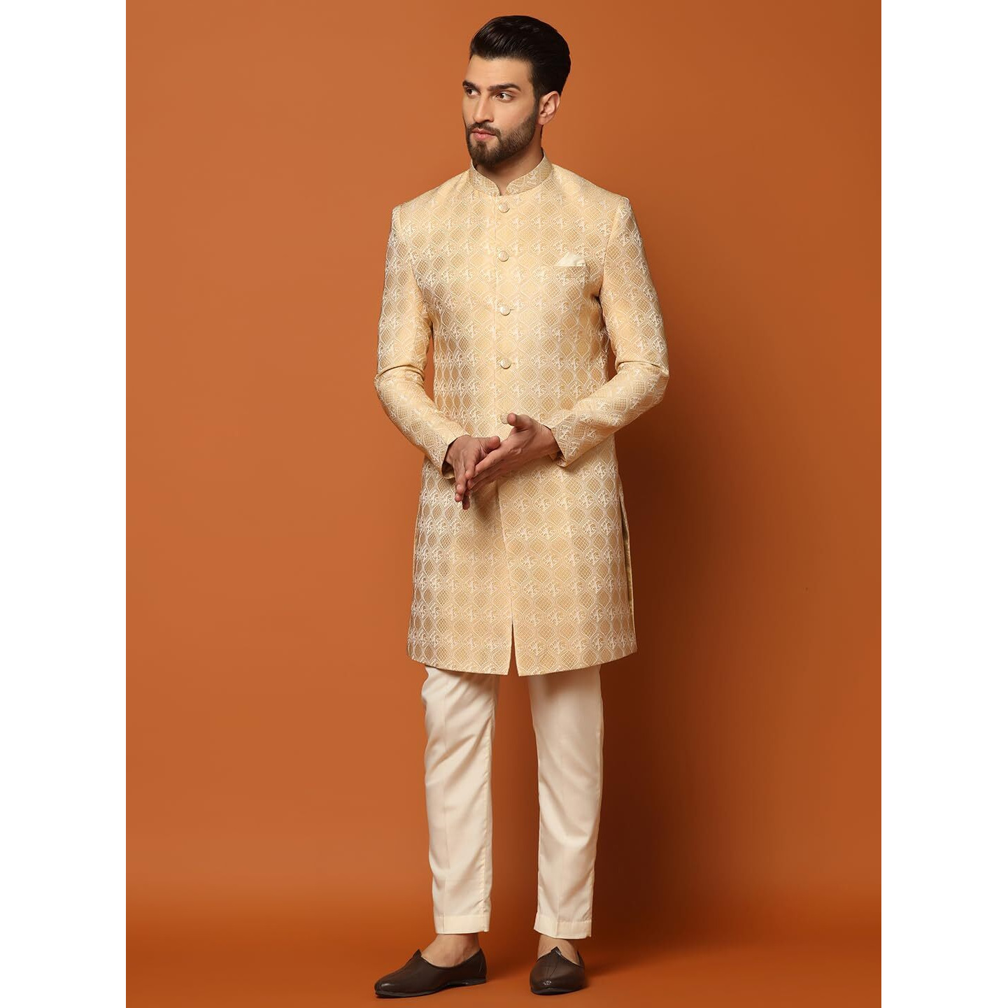 Kisah Men's Peach Sherwani Trousers Set, Cotton Full Sleaves, Knee Length, Straight, Regular Fit, Mandarin Collar Ethnic Wear