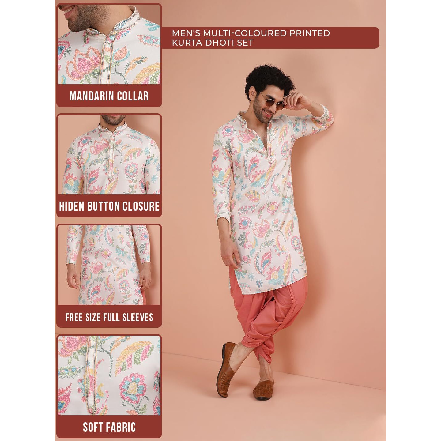 Kisah Mens Printed Cotton Blend Kurta - Traditional Ethnic Wear Kurta For Men For Weddings & Festivals, Multi, 42 Multicolour