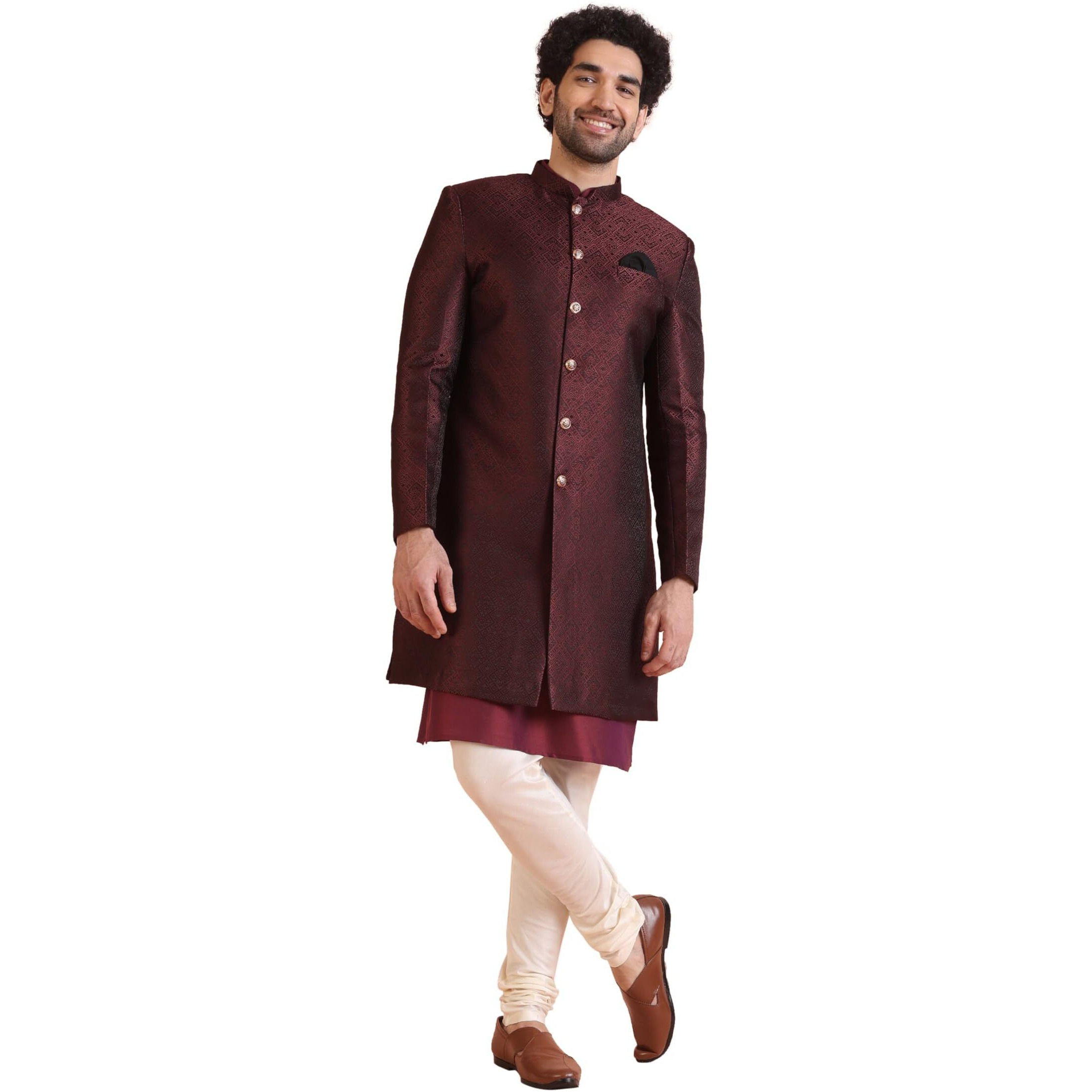 Kisah Men's Maroon Indo-Western Kurta Sherwani Churidar Set Cotton Full Sleaves, Knee Length, Straight, Regular Fit, Mandarin Collar Ethnic Wear