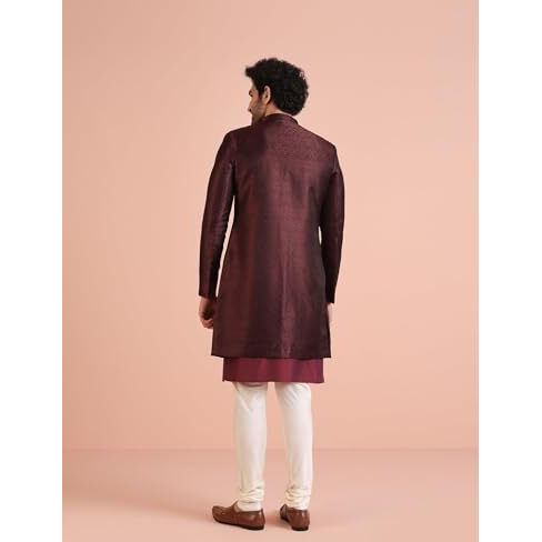 Kisah Men's Maroon Indo-Western Kurta Sherwani Churidar Set Cotton Full Sleaves, Knee Length, Straight, Regular Fit, Mandarin Collar Ethnic Wear