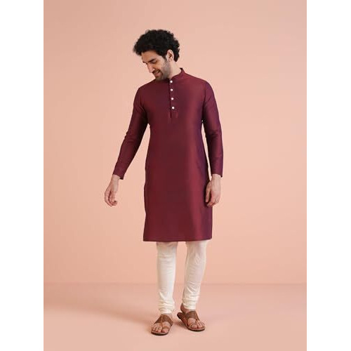 Kisah Men's Maroon Indo-Western Kurta Sherwani Churidar Set Cotton Full Sleaves, Knee Length, Straight, Regular Fit, Mandarin Collar Ethnic Wear