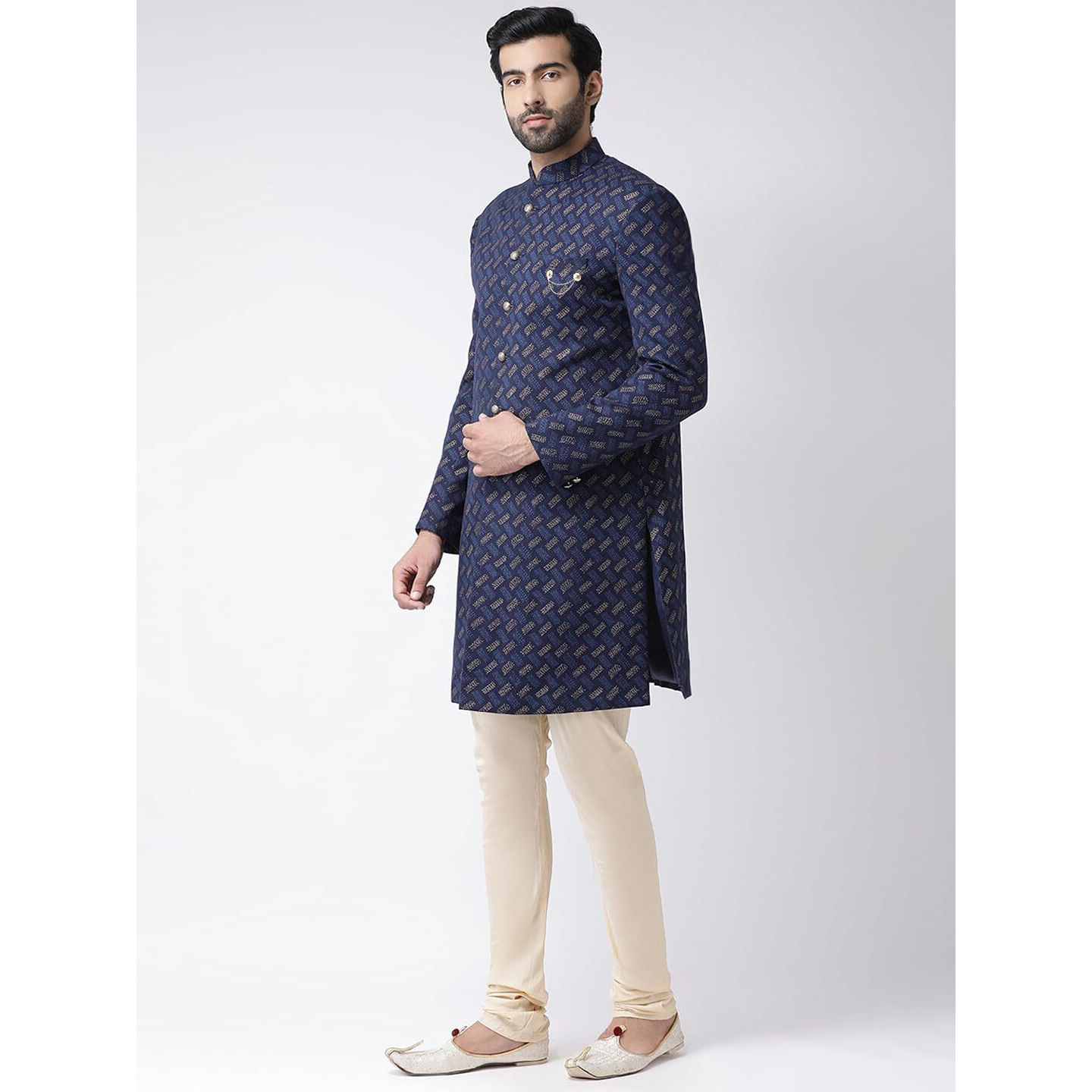 Kisah Men Azure Handloom Woven Design Sherwani, Indo-Western Full Sleaves, Knee Length, Straight, Regular Fit, Mandarin Collar Ethnic Casual Wear