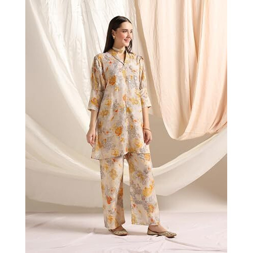 Leriya Fashion Womens Rayon Ethnic Co-Ord Set Regular Fit Casual (Lf-K-W1749&Tr832_Yellow_L)