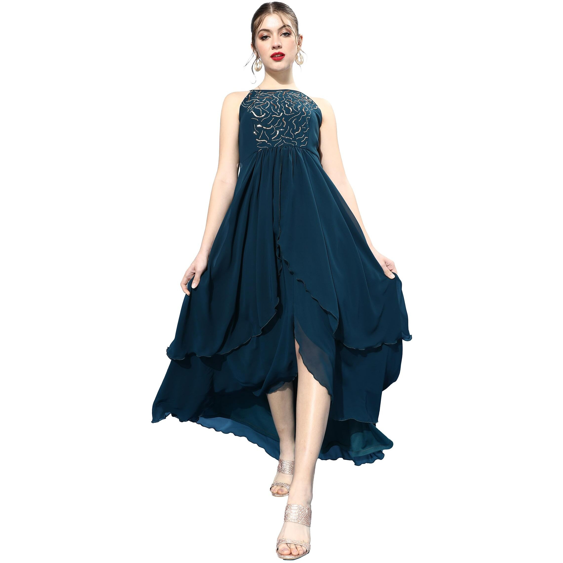 Miss Chase Women's Teal Round Neck Sleeveless Solid Embellished Maxi Dress (Medium)