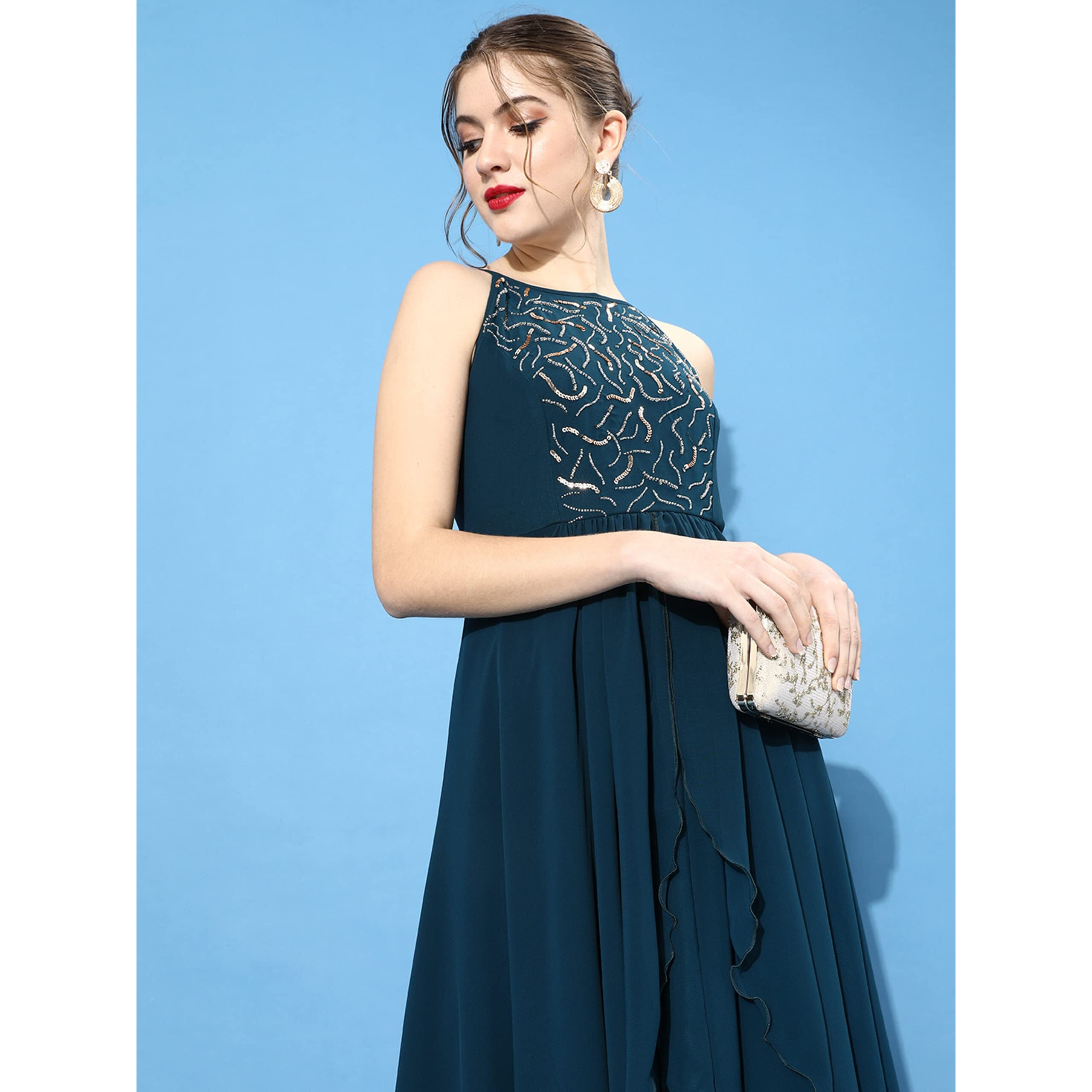 Miss Chase Women's Teal Round Neck Sleeveless Solid Embellished Maxi Dress (Medium)