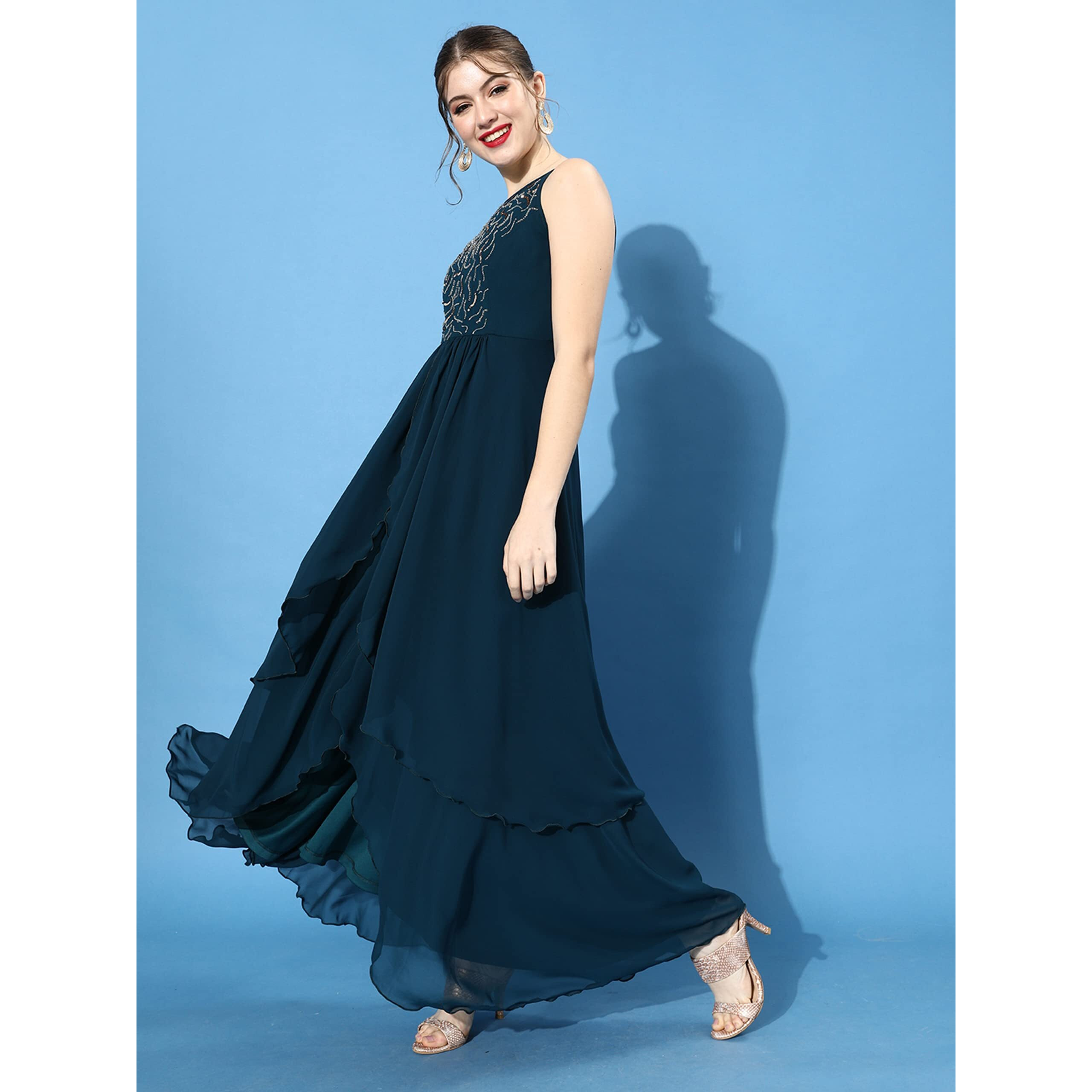 Miss Chase Women's Teal Round Neck Sleeveless Solid Embellished Maxi Dress (Medium)