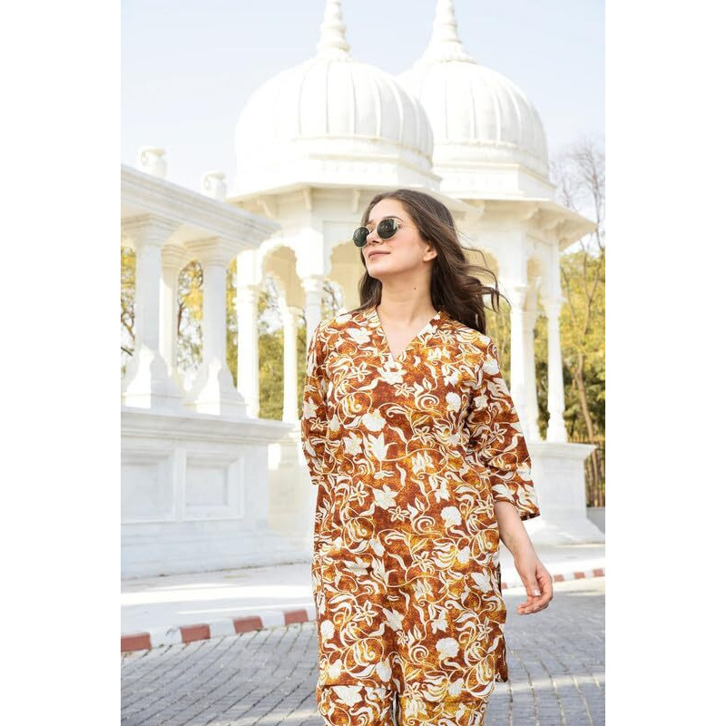 Nainvish Women's Yellow Gold Printed Straight Cotton Blend V-Neck Co-Ord Set (Sd681_Kb-M)